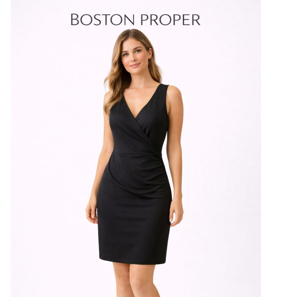 Boston Proper Cross-Front Dress in Jet Black Rusched Small